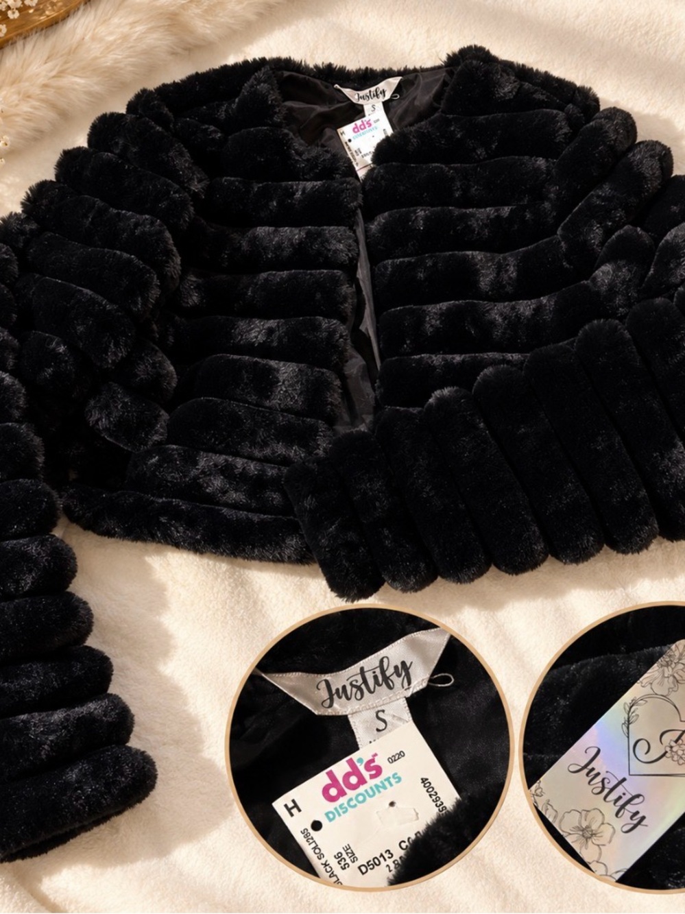Justify Black Plush Faux-Fur Cropped Coat
